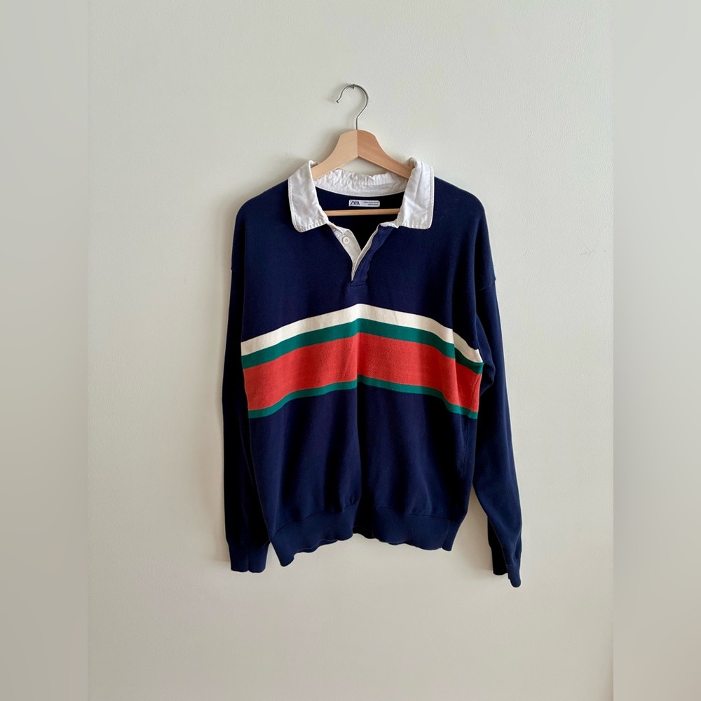 Zara Oversized Navy Polo Sweater with White and Red Stripes